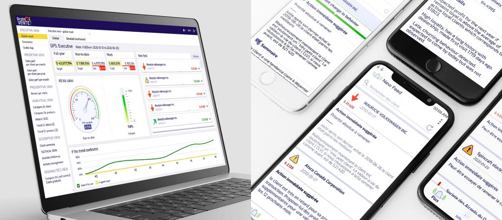 Écran de portable à gauche et cellulaires sur table à droite affichant des vues et résultats de Grabb.