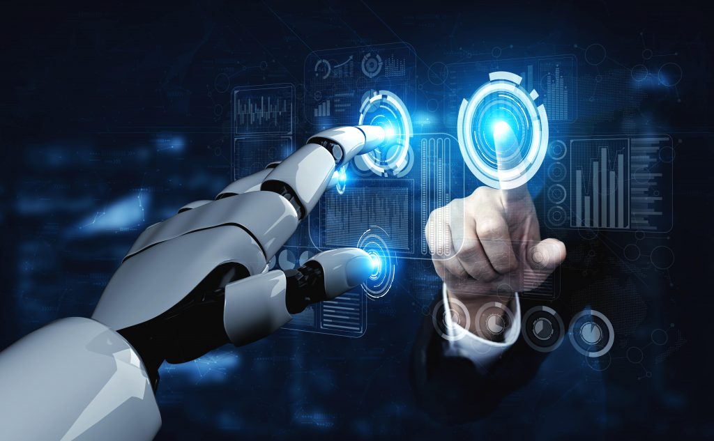 Robot hands surrounding a brain in the middle with the letters AI in the center and six satellite images around.