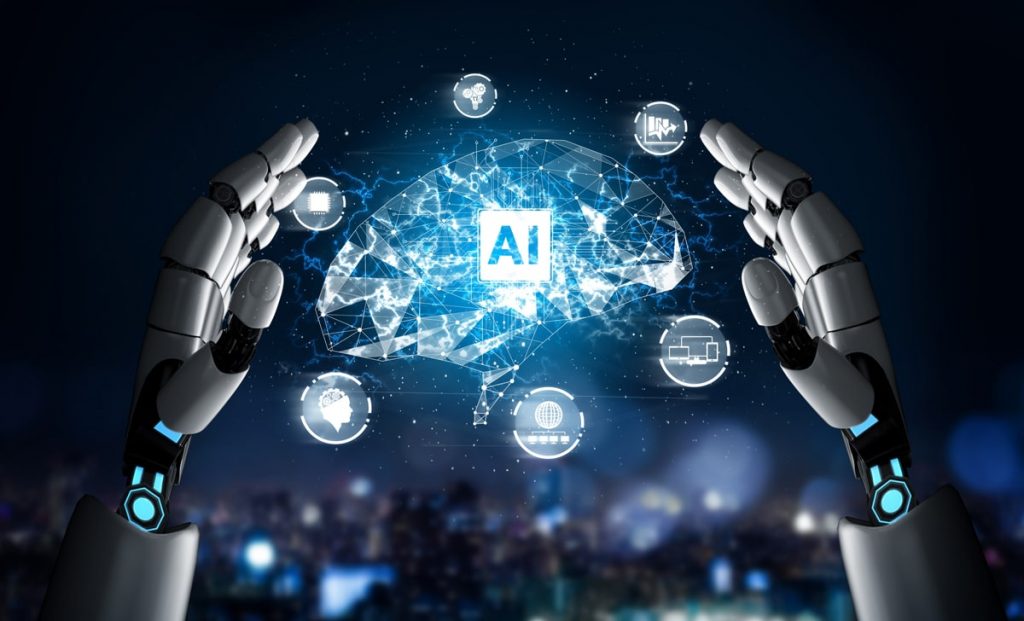 Mains de robot entourant un cerveau au milieu sur lequel apparaît les lettres AI au centre avec six images en satellites autour.