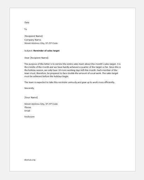  Sample sales target reminder letter for sales team - Image Credit: doxhub.org 
