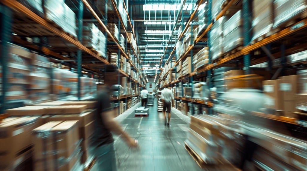 Busy distribution warehouse aisle with motion blur conveying high-volume operations